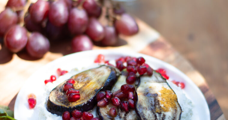 Labneh with Charred Aubergines and Pomegranate Seeds